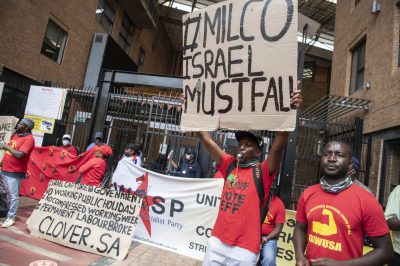 13 January 2022: The SA Federation of Trade Unions together with workers and other organisations joined a demonstration of Clover workers at the Trade, Industry, and Competition offices in Pretoria where they demanded a halt factory closures and job losses at Clover. Picture: Ihsaan Haffejee