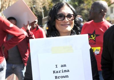 Karima Brown during the protest against SABC COO Hlaudi Motsoeneng outside the Auckland studios on July 06, 2016 in Johannesburg, South Africa. The SACP lashed out at Motsoeneng for using the 90% local quota to “divide workers in the creative industries and to sow confusion among the public”. (Photo by Gallo Images / Beeld / Felix Dlangamandla)