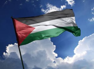 3d illustration flag of Palestine. Palestine flag isolated on the blue sky with clipping path.