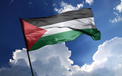 3d illustration flag of Palestine. Palestine flag isolated on the blue sky with clipping path.