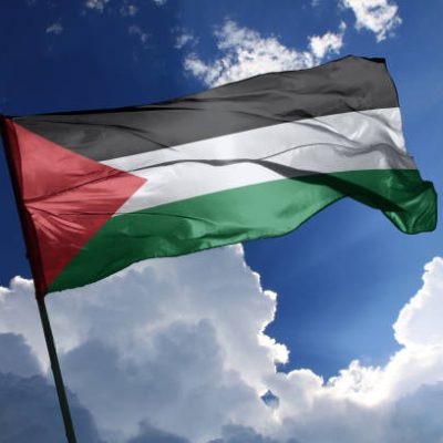 3d illustration flag of Palestine. Palestine flag isolated on the blue sky with clipping path.